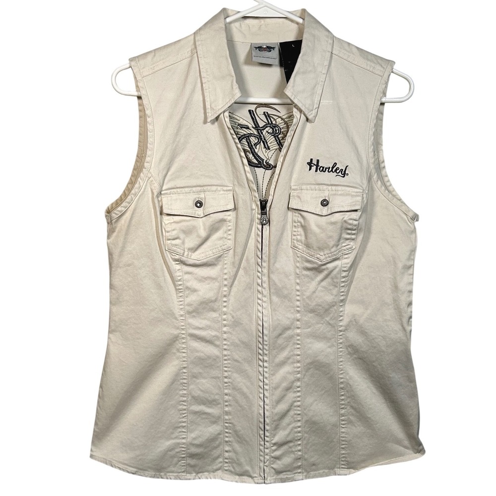 Harley Davidson Womens Vest Cream Zip Up Winged Embroidered Biker Moto Large